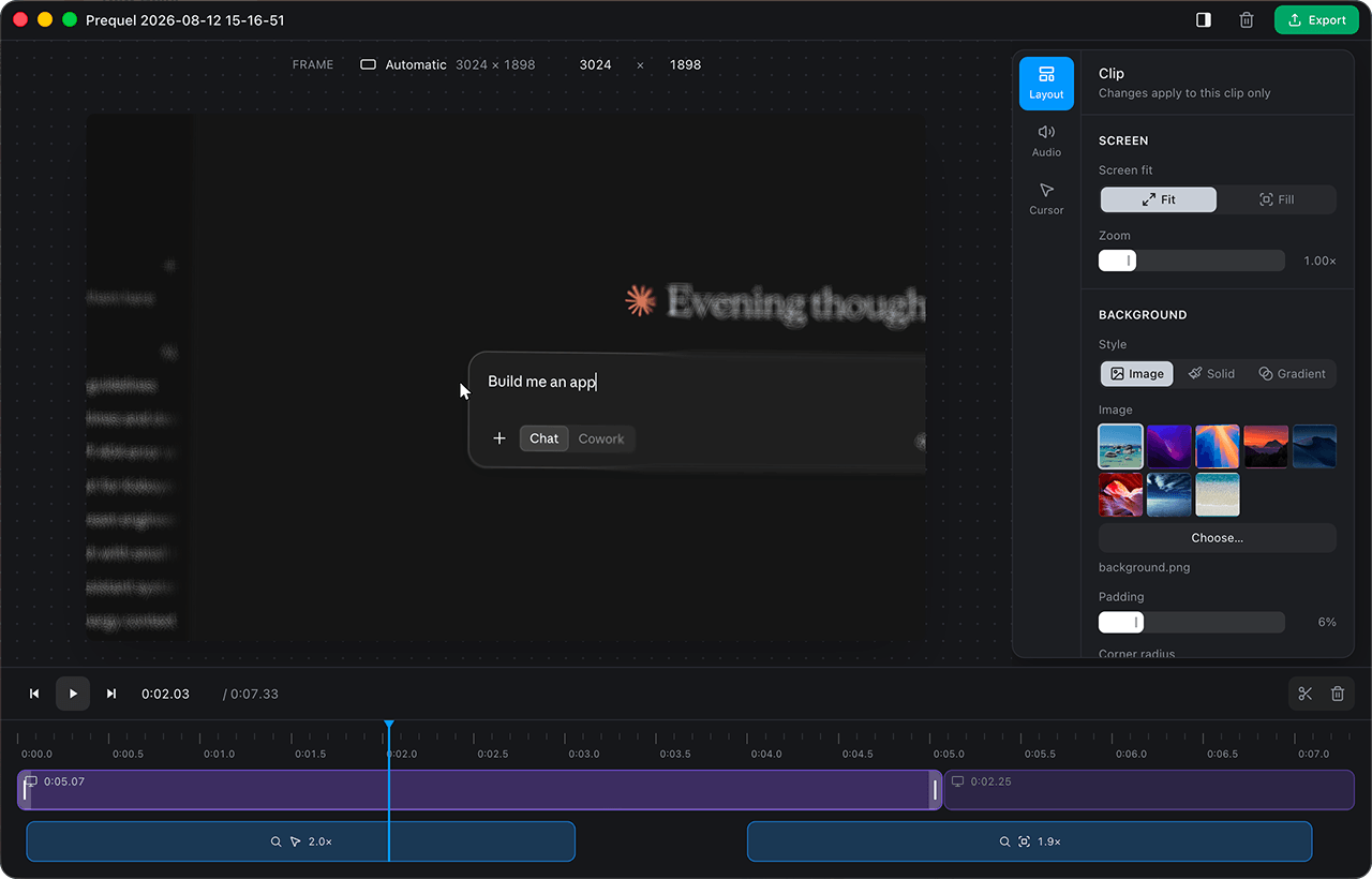The Prequel editor: a recording on a background, with the layout inspector open and two zoom slices on the timeline.