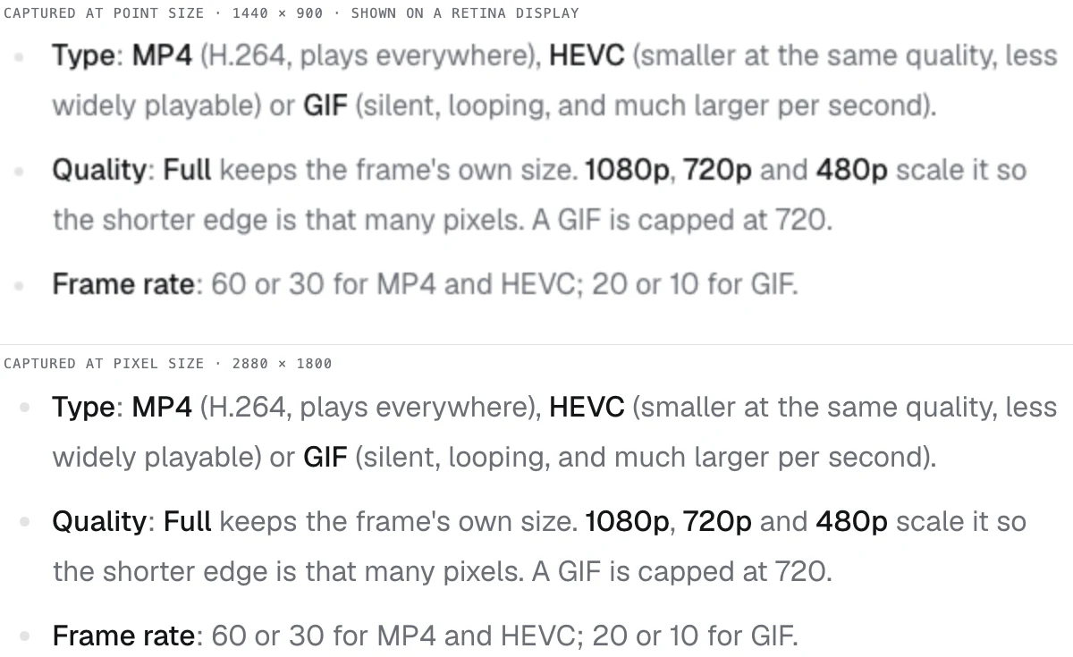 The same paragraph of text captured at point size and at pixel size, both shown at Retina scale. The point-size capture is visibly blurred; the pixel-size capture is as sharp as the screen.