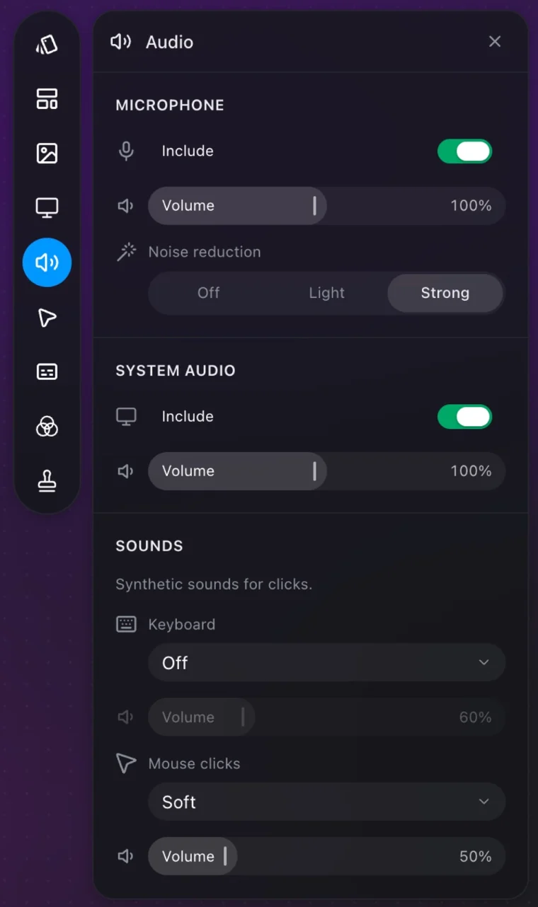 The Prequel Audio panel with Include switches, volume sliders and noise reduction for the microphone and system audio