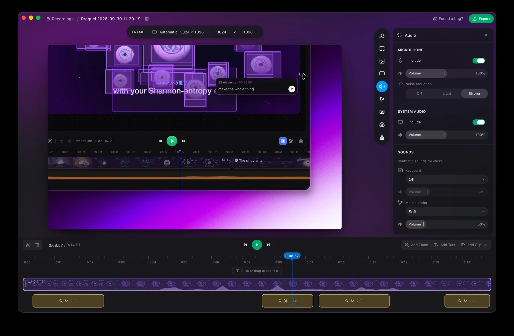 The Prequel editor, with a recording ready to export