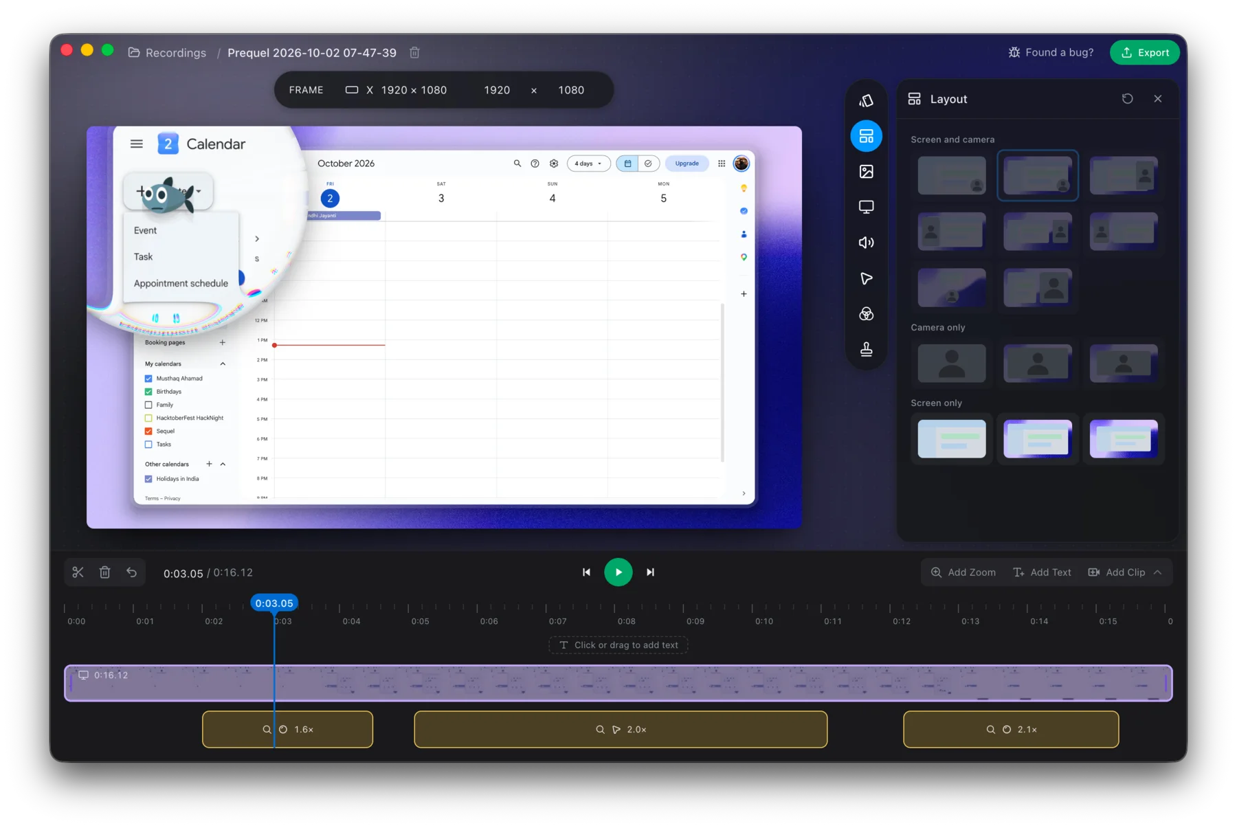 The Prequel editor with the Layout panel open and a screen recording on the timeline