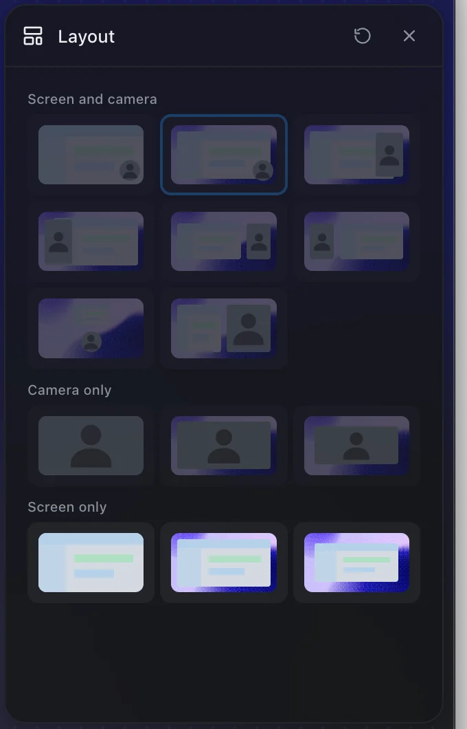 The Prequel Layout panel with layouts for screen and camera, camera only and screen only