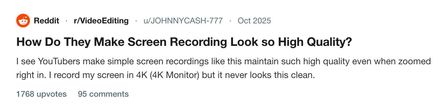 A thread on r/VideoEditing asking how YouTubers make screen recordings look so high quality, 1,768 upvotes and 95 comments
