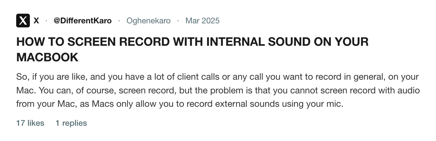 A thread on X titled how to screen record with internal sound on your MacBook, about recording client calls