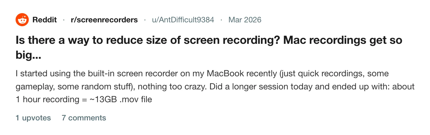 A thread on r/screenrecorders reporting that an hour of built-in Mac screen recording came out at about 13 GB