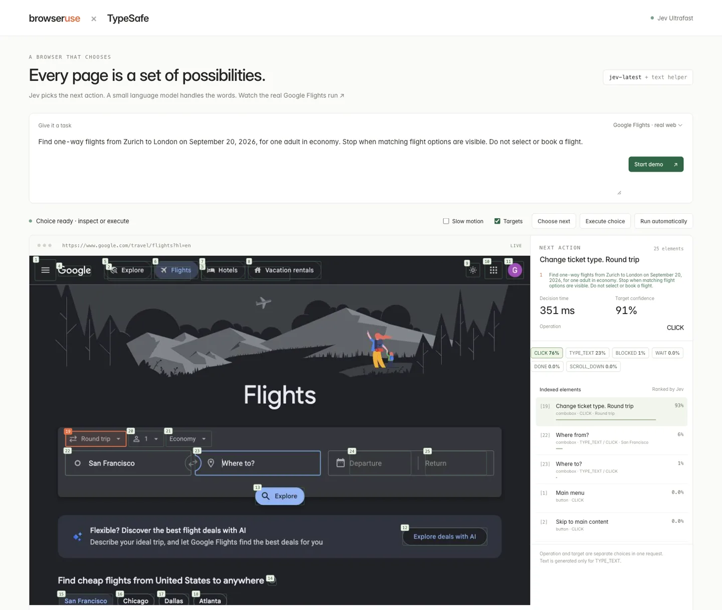 Jev Ultrafast's inspector on Google Flights: numbered elements over the page, with operation probabilities of 76% click and 23% type text, and the chosen target, Change ticket type, at 93% after a 351 ms decision