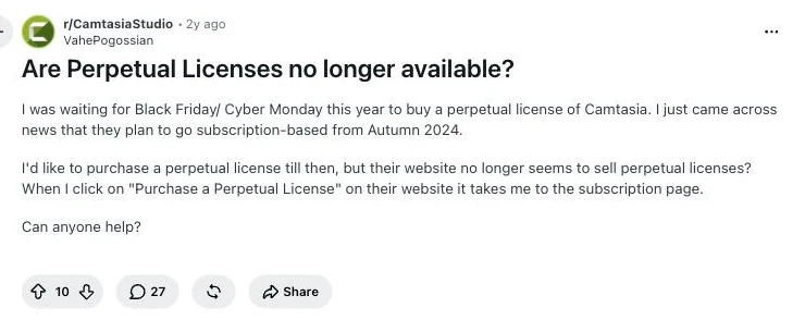 Screenshot of a thread on r/CamtasiaStudio asking where the perpetual licence went