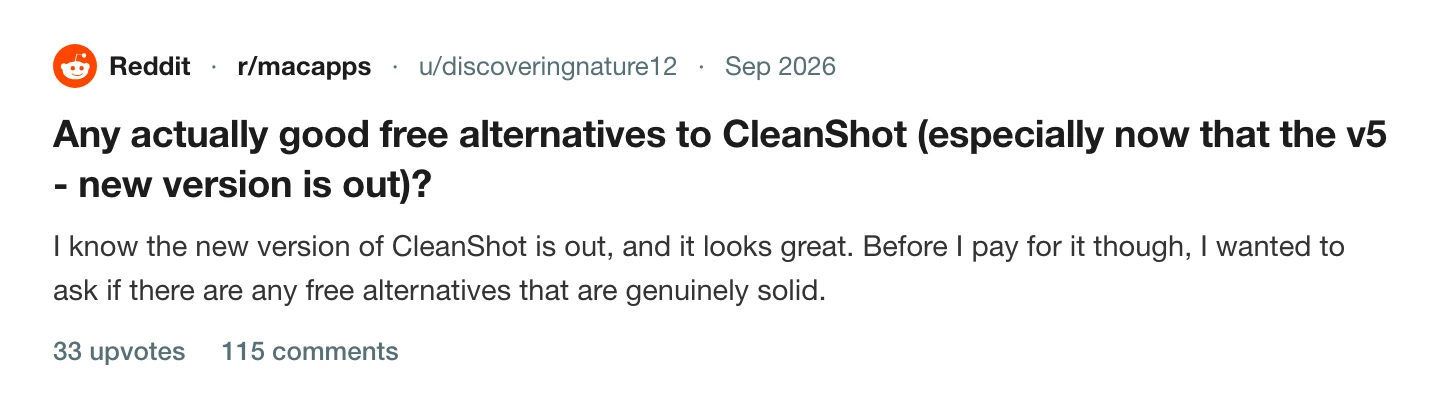 A thread on r/macapps asking for good free alternatives to CleanShot now that version 5 is out