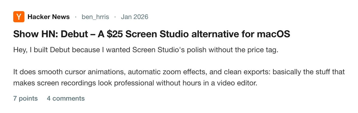 A Show HN post for Debut, a $25 Screen Studio alternative for macOS