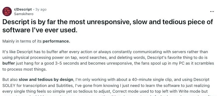 Screenshot of a thread on r/Descript about performance