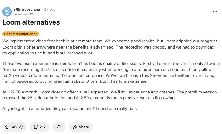 A thread on r/Entrepreneur asking for Loom alternatives