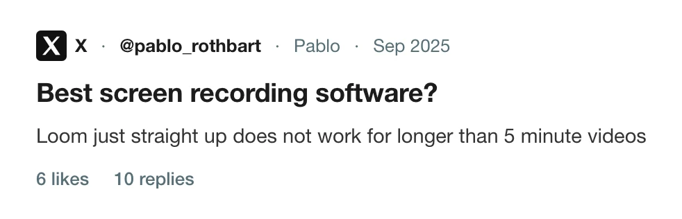 A post on X saying Loom does not work for videos longer than five minutes