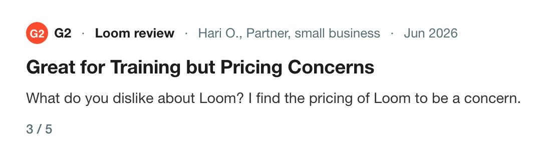 A three-star G2 review of Loom titled Great for Training but Pricing Concerns