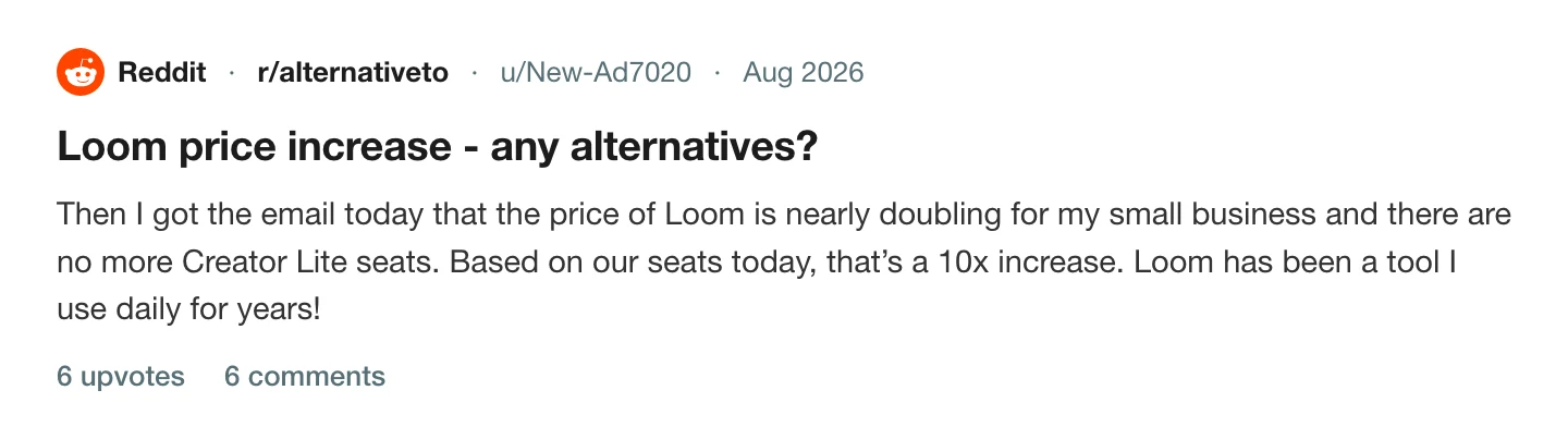 A thread on r/alternativeto about the Loom price increase, saying the bill is nearly doubling and Creator Lite seats are gone