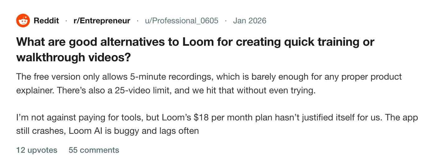 A thread on r/Entrepreneur asking for Loom alternatives for training and walkthrough videos, citing the five-minute cap and 25-video limit