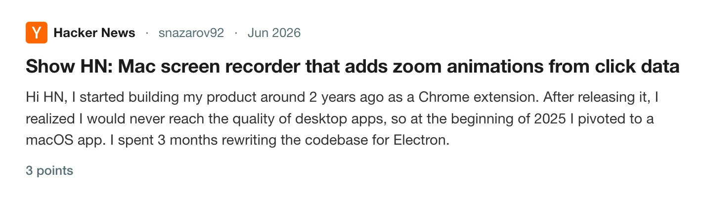 A Show HN post from Screen Charm's maker describing the rewrite to Electron