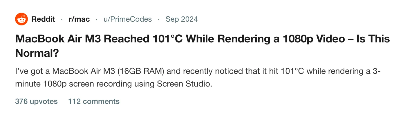 A thread on r/mac asking whether 101 degrees is normal for a MacBook Air M3 rendering a 3-minute 1080p video in Screen Studio, 376 upvotes