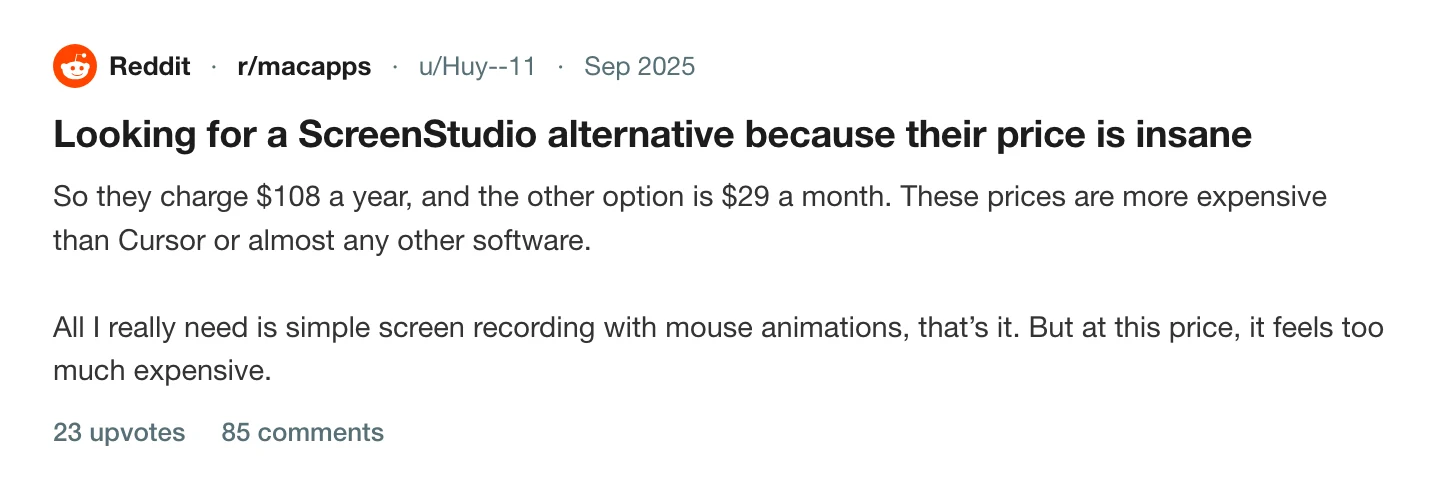 A thread on r/macapps asking for a Screen Studio alternative because the price is insane