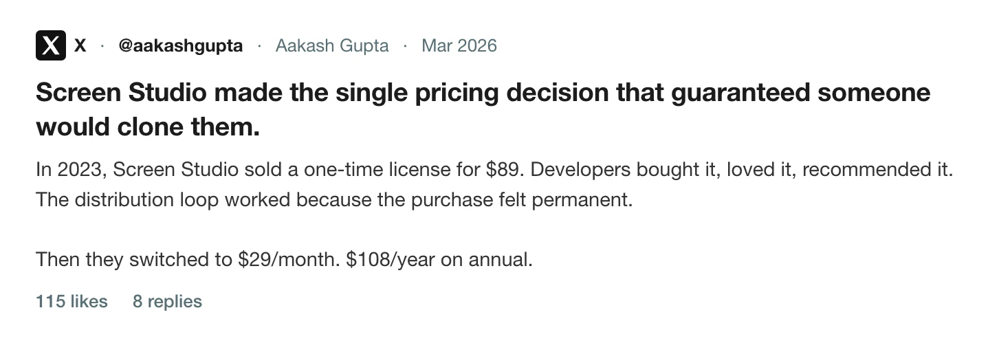A post on X about Screen Studio's move from a one-time licence to a subscription
