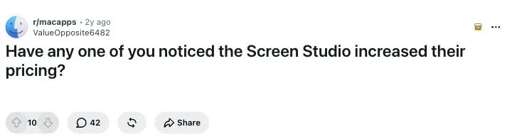 Screenshot of a thread on r/macapps about Screen Studio's pricing change