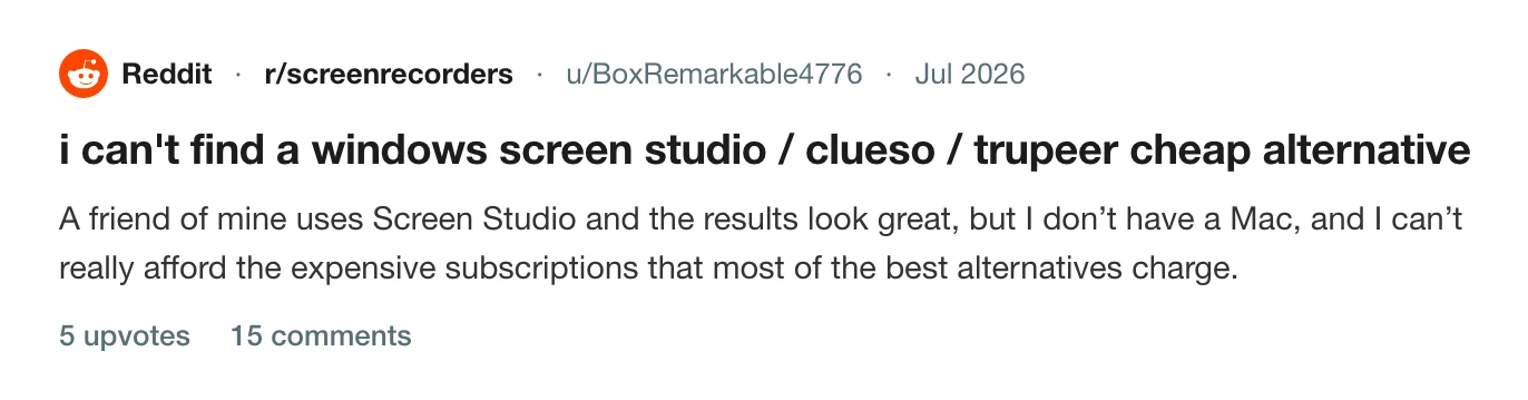 A thread on r/screenrecorders from somebody who cannot find a Windows Screen Studio alternative