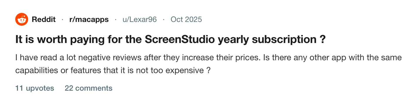 A thread on r/macapps asking whether the Screen Studio yearly subscription is worth paying for