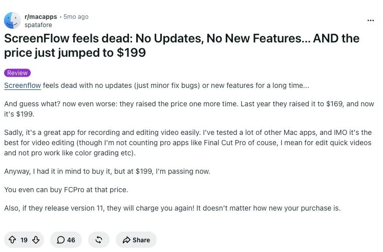 Screenshot of a thread on r/macapps about ScreenFlow's lack of updates