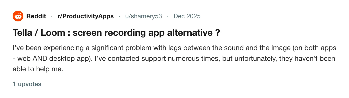 A thread on r/ProductivityApps titled Tella / Loom : screen recording app alternative ?, about lag between sound and image