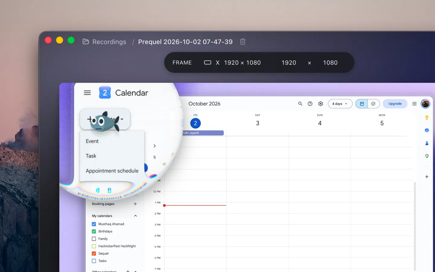 Prequel's loupe: a round magnifying glass over the Create menu in Google Calendar, with the rest of the window still readable around it