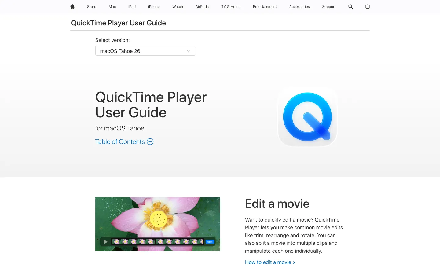 QuickTime Player's support page