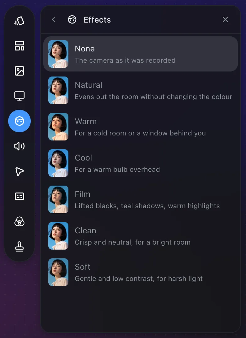 The Effects list: six camera looks, each with a swatch and the room it is for