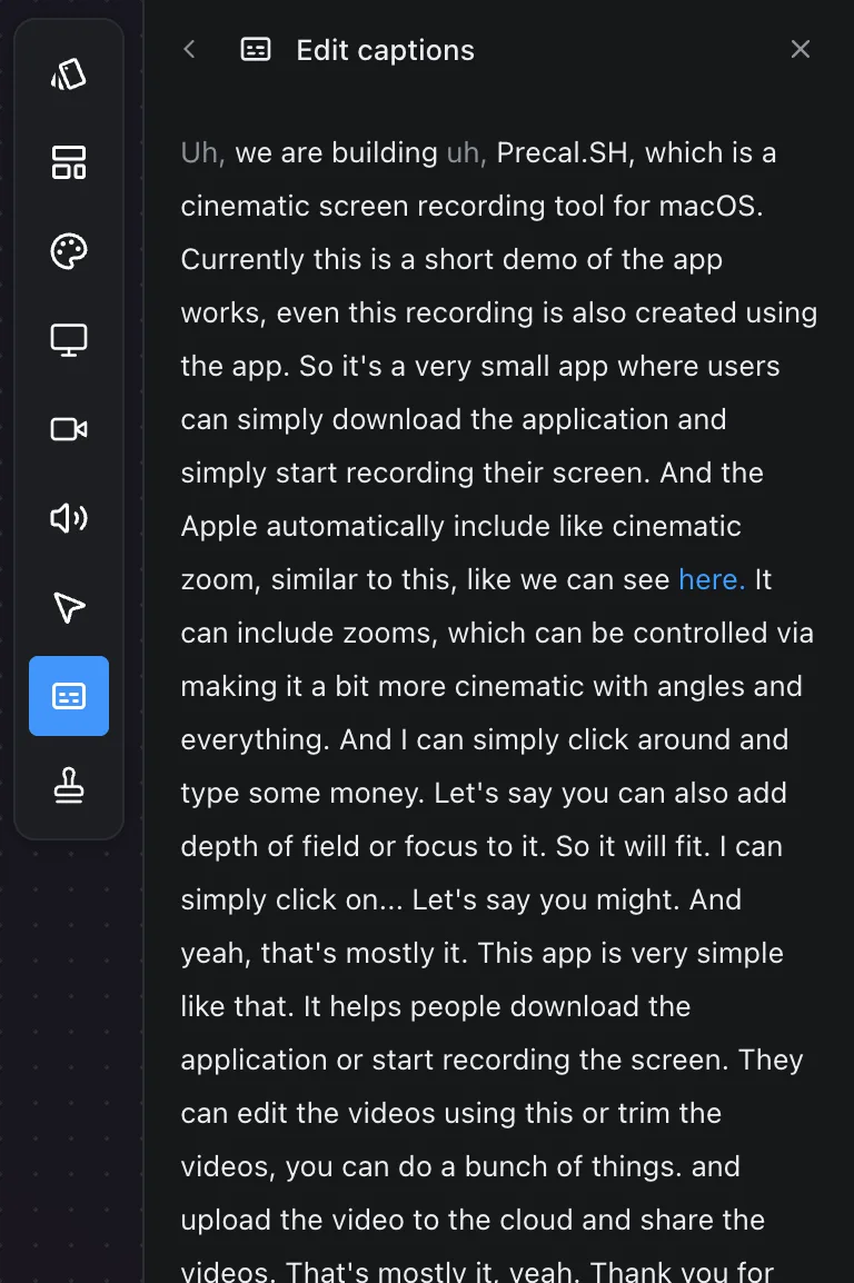 The caption editor, with the transcript as editable text