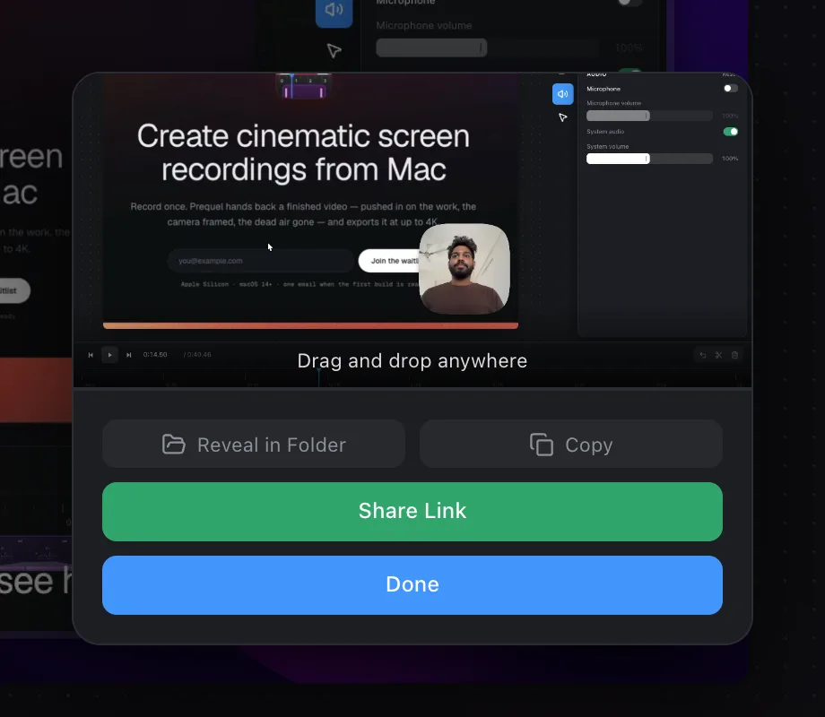 The export dialog after a render: a looping preview, Reveal in Folder, Copy and Share Link
