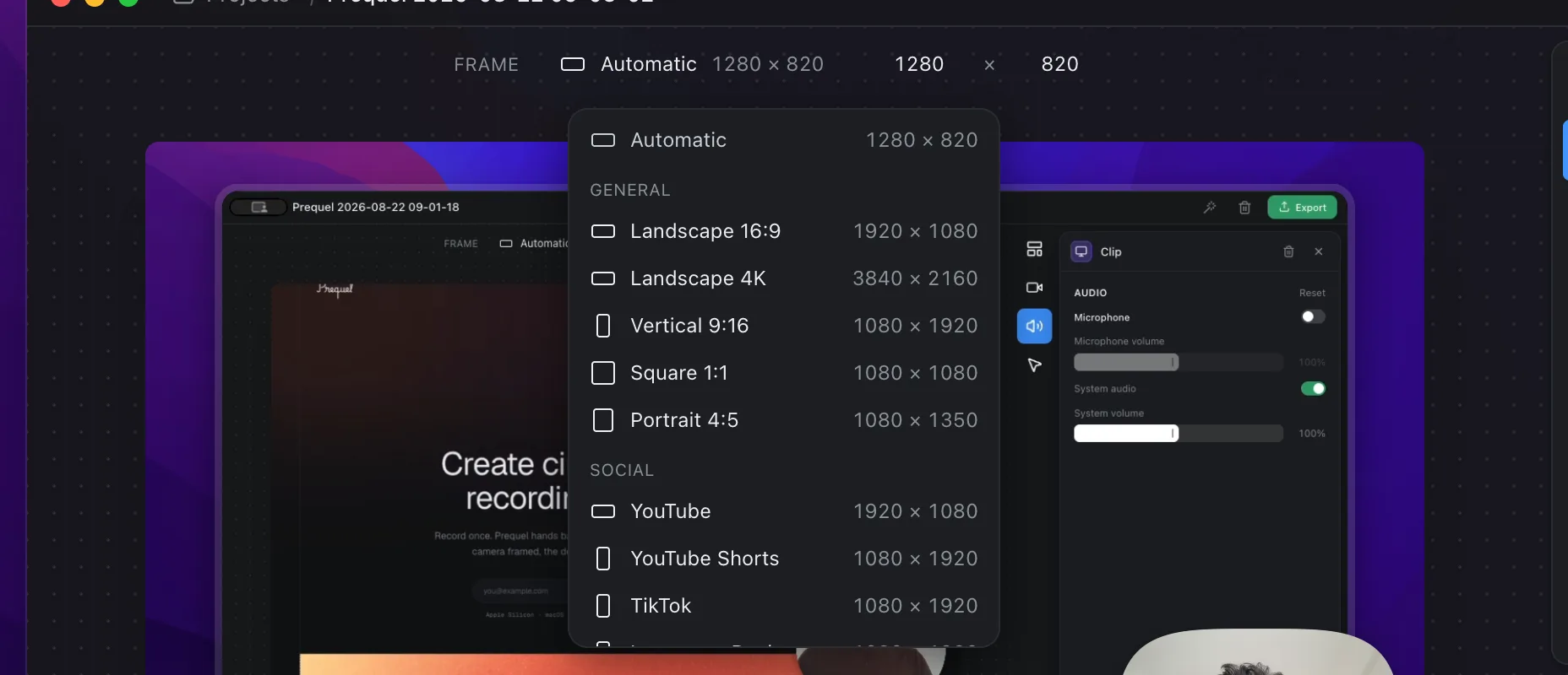 The frame menu open, listing general and social presets