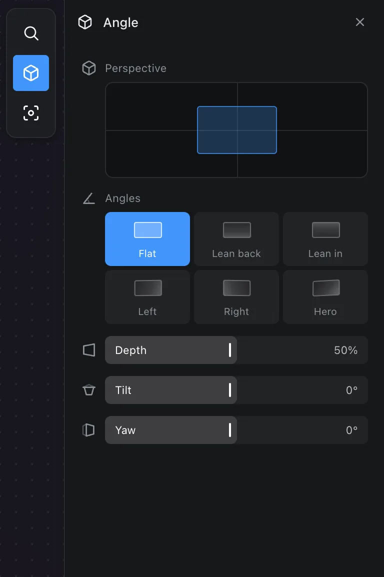 The Angle tab: perspective presets and depth, tilt and yaw sliders