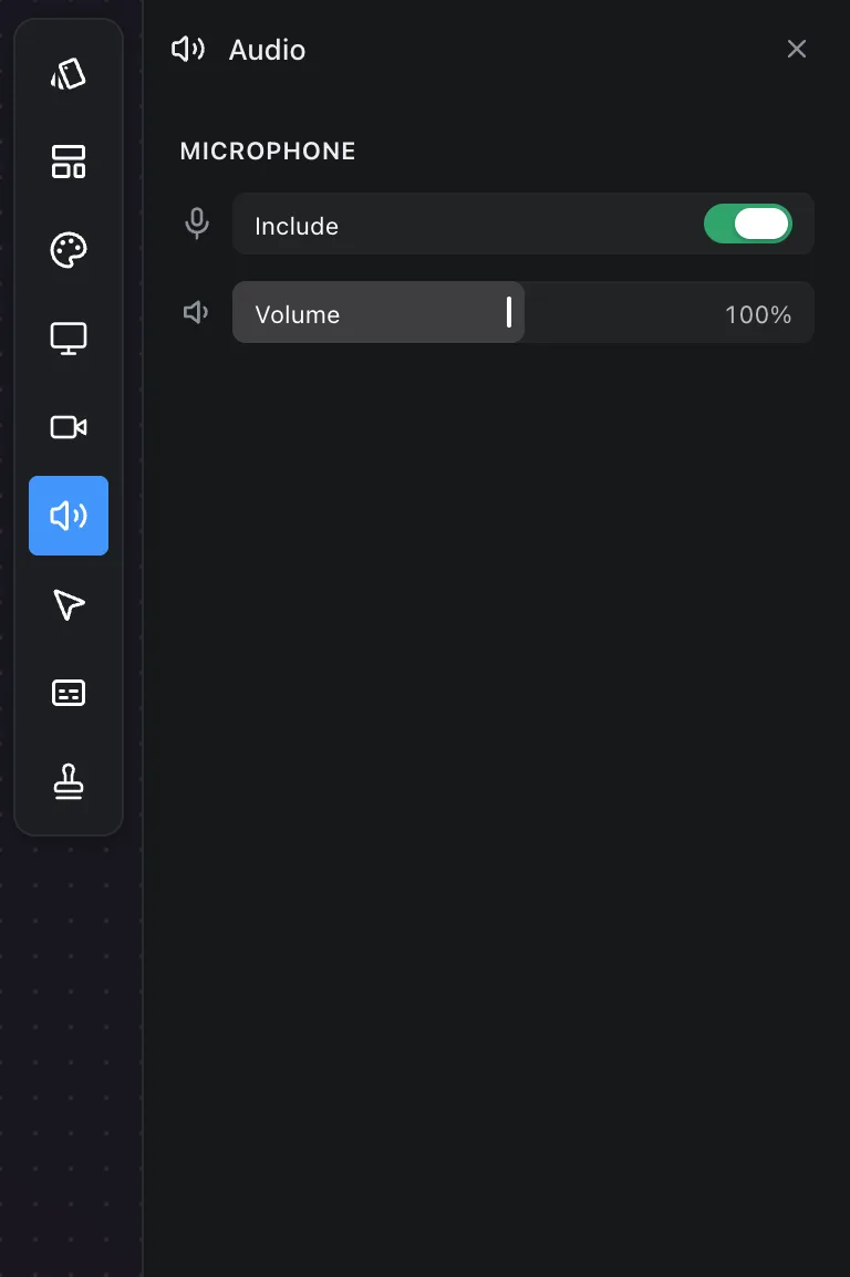 The Audio panel: include and volume for the microphone and for system audio