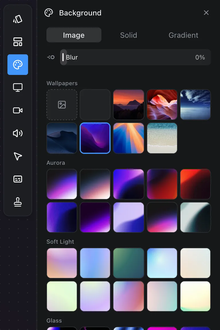 The Background panel on the Image tab, showing a catalogue of wallpapers