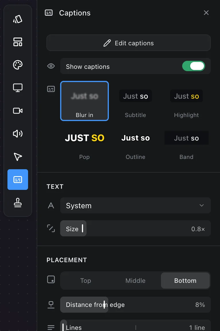The Captions panel: show captions, style, font, size and placement