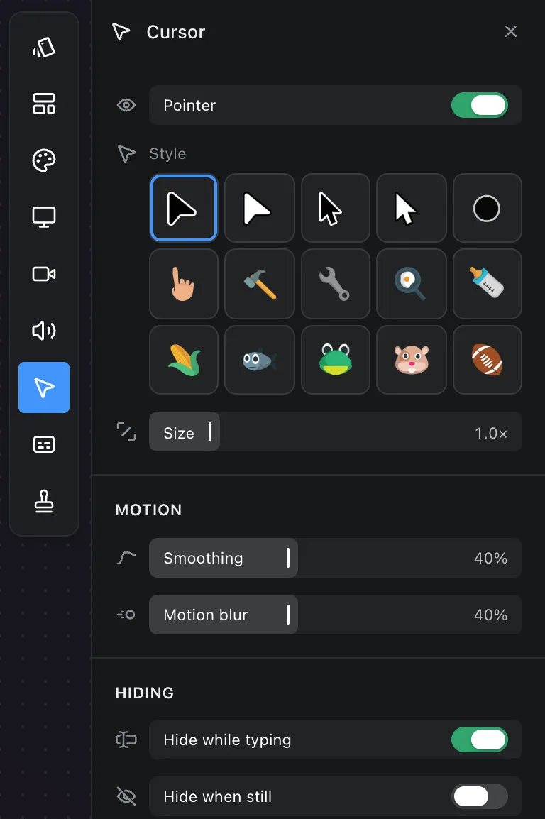 The Cursor panel: pointer style, size, smoothing, motion blur and hiding