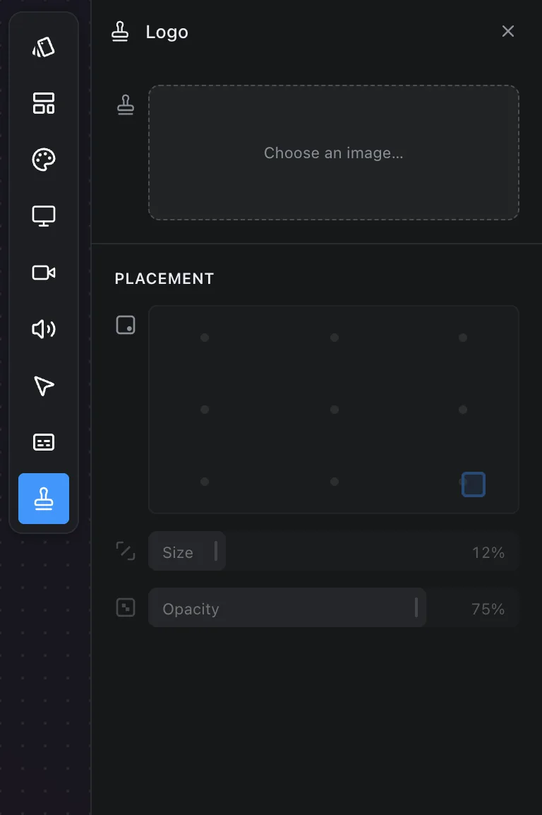 The Logo panel: placement map, size and opacity