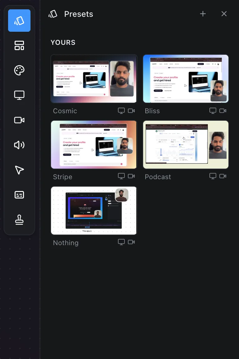 The Presets panel, with saved looks and a save field