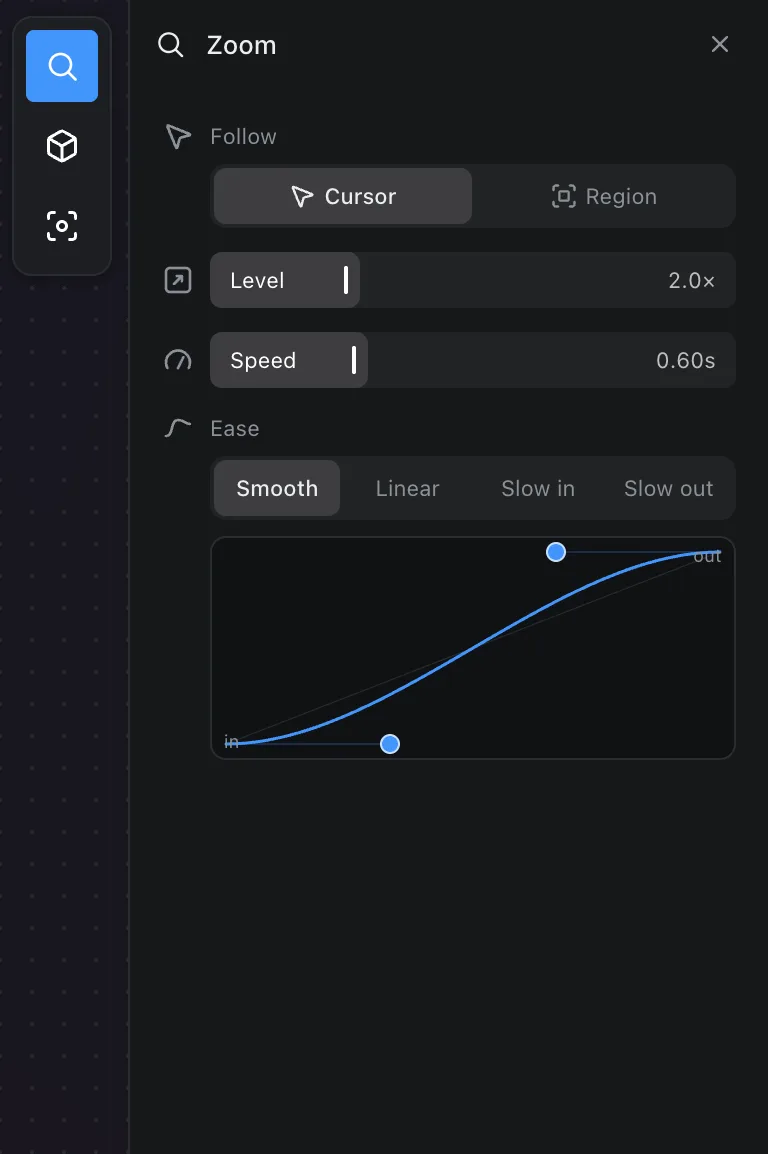 The Zoom tab: follow cursor or region, area, level, speed and ease
