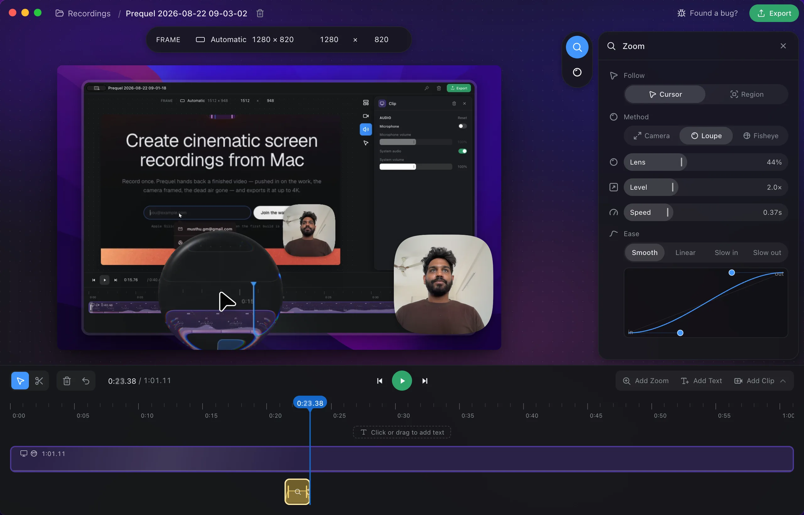 A loupe on the recording, magnifying the pointer and the timeline under it