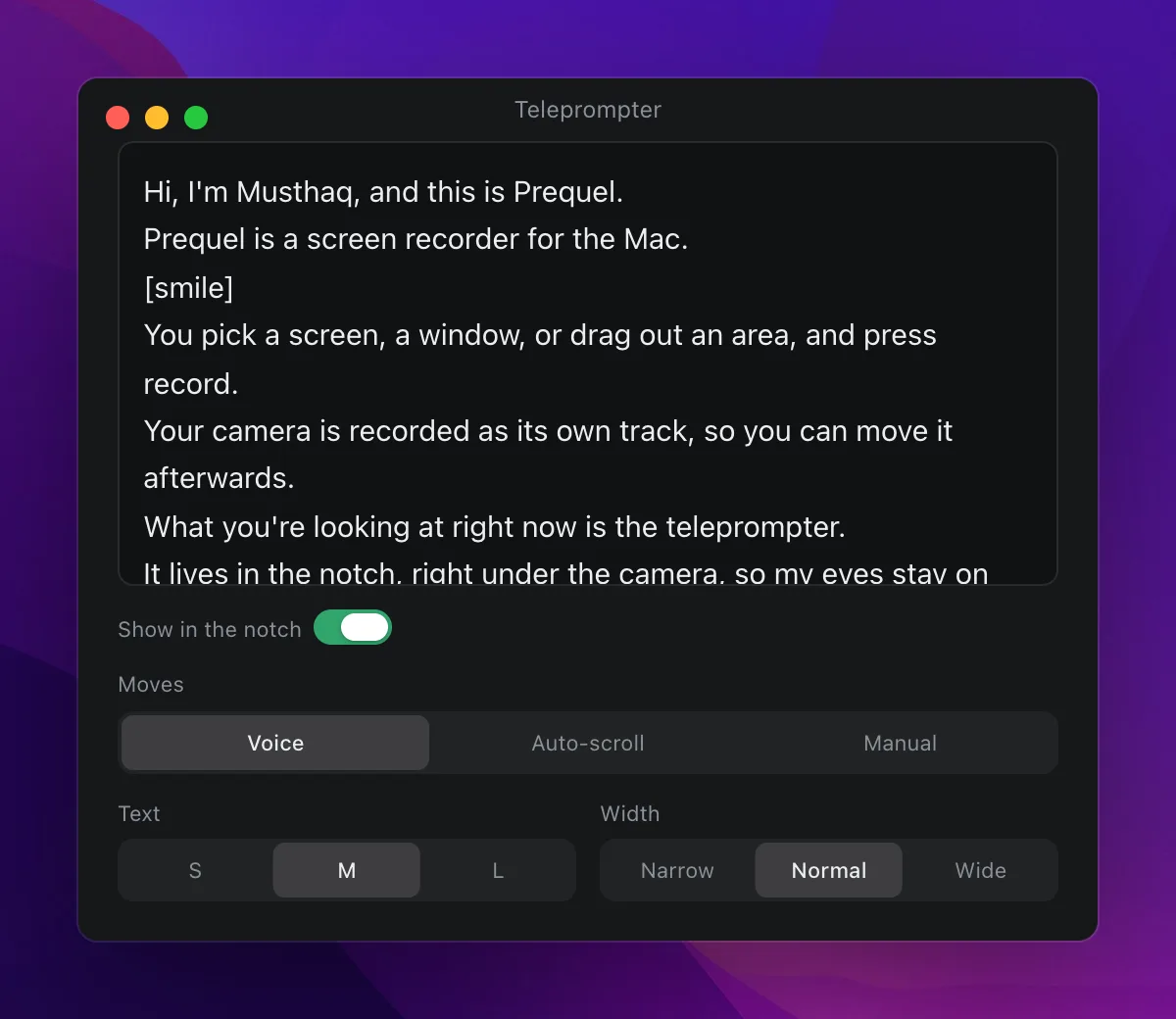 The script window: the text, the switch, how it moves, and the size