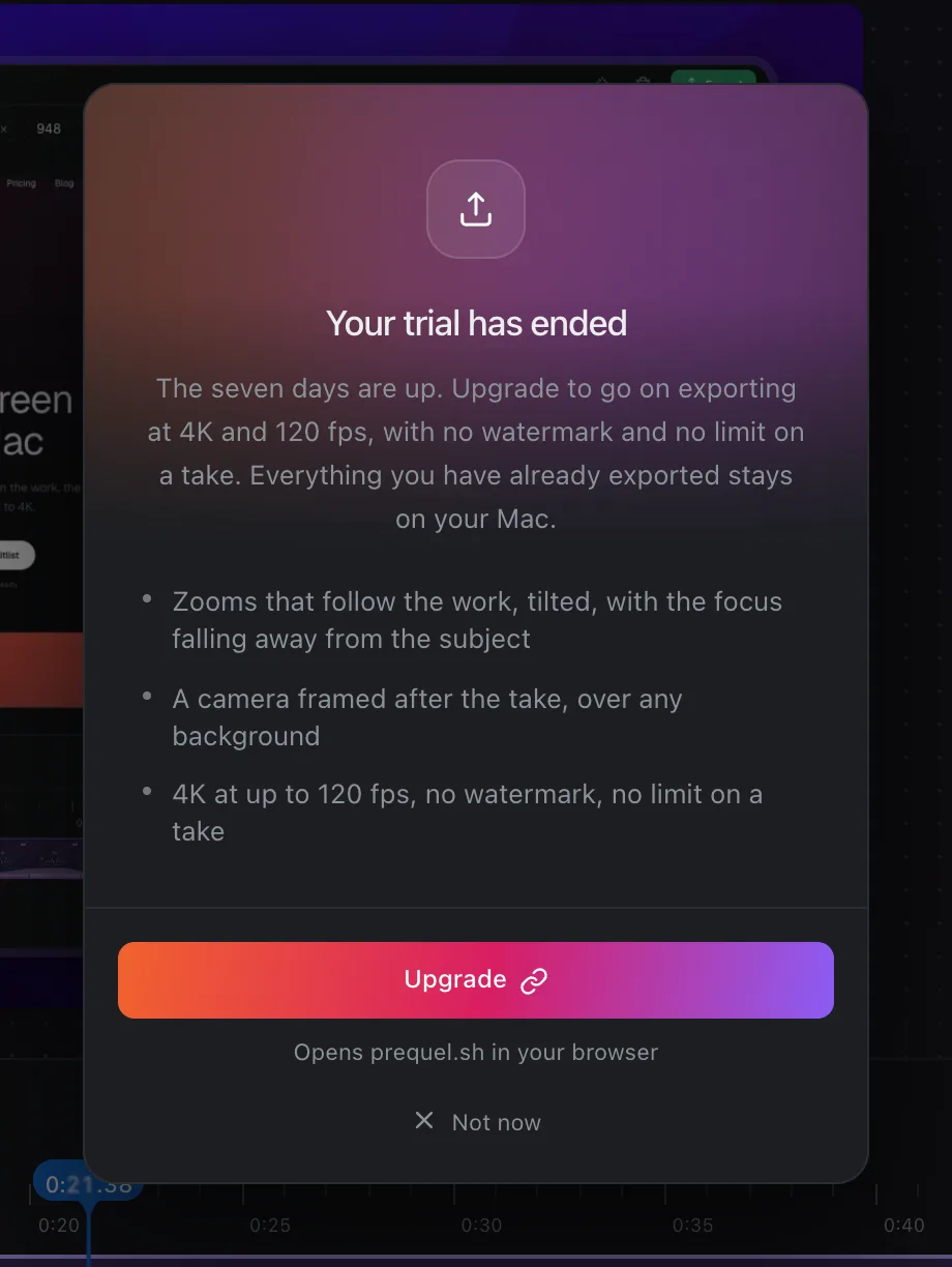 The upgrade dialog shown when the trial has ended