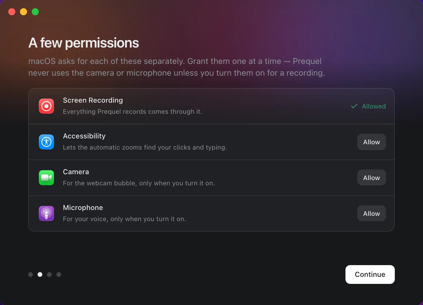 The permissions step of the welcome window, with Screen Recording allowed and three still to grant